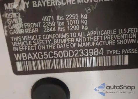 2013 BMW 528I z USA, uszkodzony, nr VIN WBAXG5C50DD233984